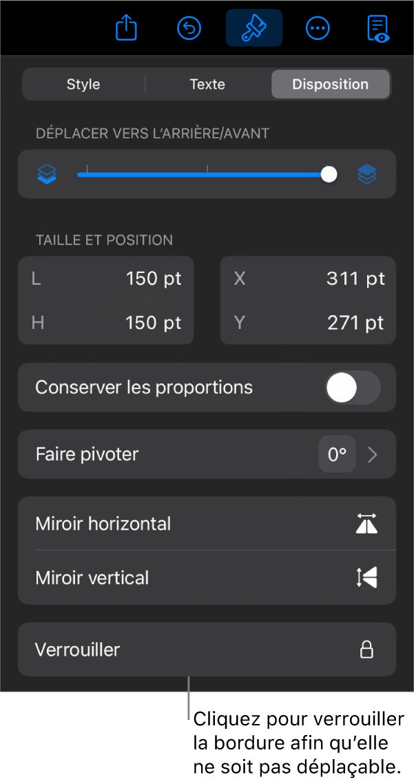 Les commandes Disposition dans le menu Format avec le bouton Verrouiller en évidence.