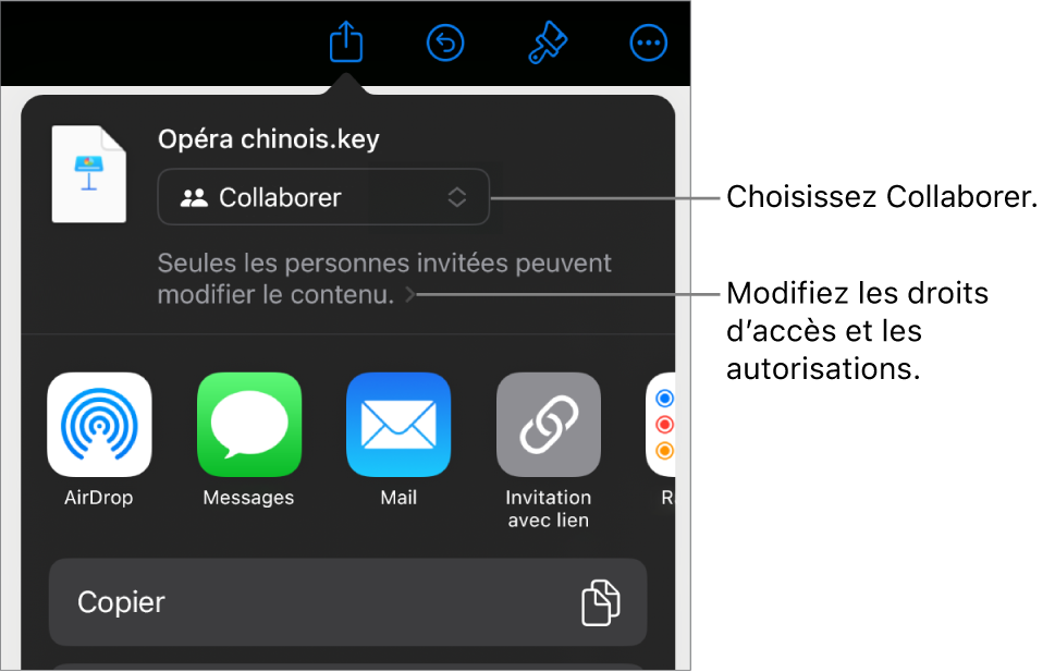 Le menu Partager avec l’option Collaborer sélectionnée dans le haut, au-dessus des réglages d’accès et d’autorisation.
