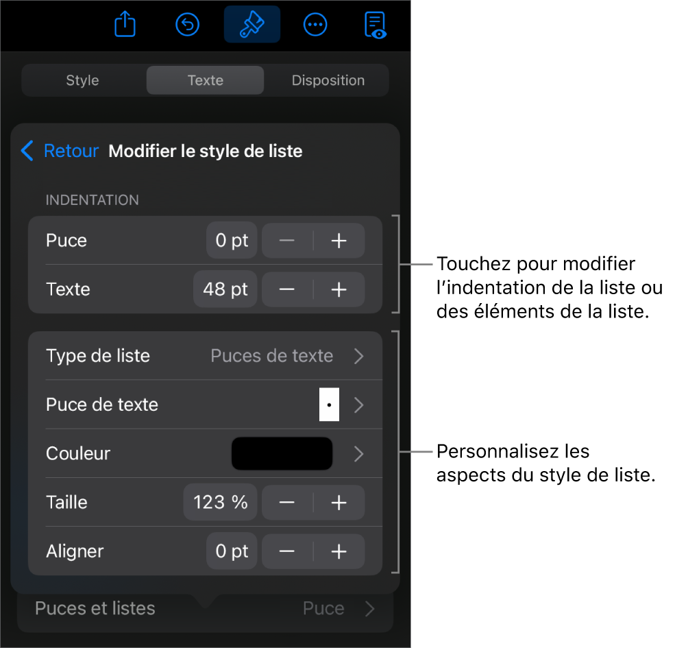 Le menu « Modifier le style de liste » avec des commandes permettant de modifier le type et l’apparence de la liste.