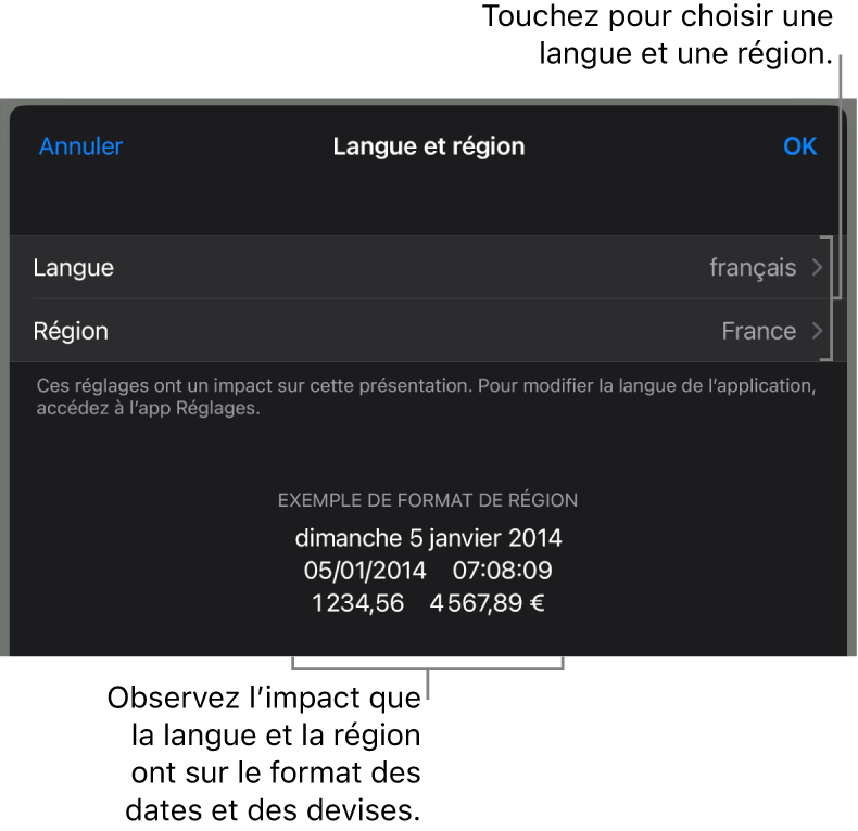 La sous-fenêtre Langue et région présentant des commandes de langue et de région, ainsi qu’un exemple de mise en forme comprenant date, heure, affichage des décimales et devise.