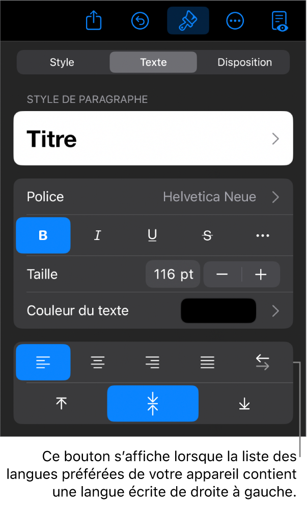 Les commandes de texte dans le menu Format avec une légende vers le bouton « De gauche à droite ».