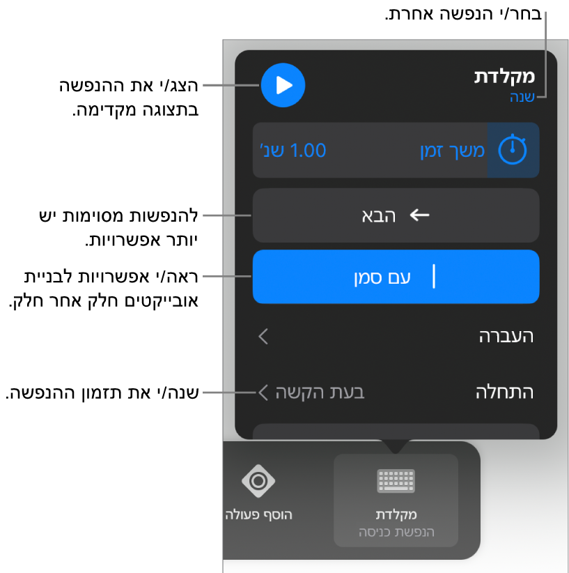 אפשרויות ההנפשה כוללות ״משך זמן״, ״העברה״ ותזמון ״התחלה״. הקש/י על ״שינוי״ כדי לבחור הנפשה אחרת, או על ״תצוגה מקדימה״ כדי להתחיל תצוגה מקדימה של ההנפשה.