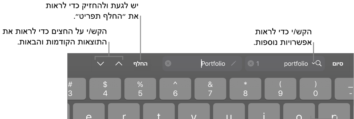 פקדי ״חפש והחלף״ מעל למקלדת עם הסברים לכפתורים ״אפשרויות חיפוש״, ״החלף״ ומעבר למעלה/מעבר למטה.