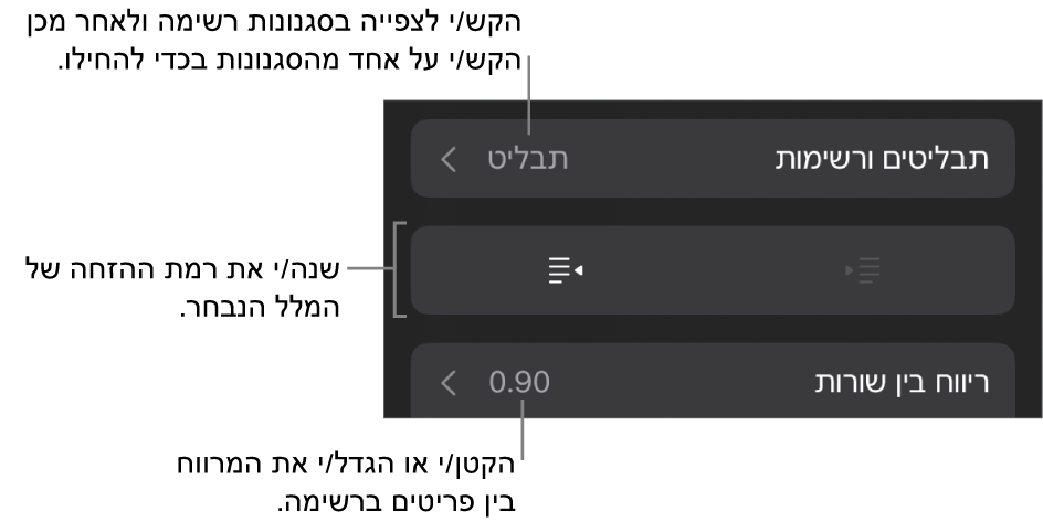 המקטע ״תבליטים ורשימות״ בכלי הבקרה של ״עיצוב״ עם הסברים ל״תבליטים ורשימות״, כפתורי הגדלת הזחה והקטנת הזחה ופקדי ריווח שורות.