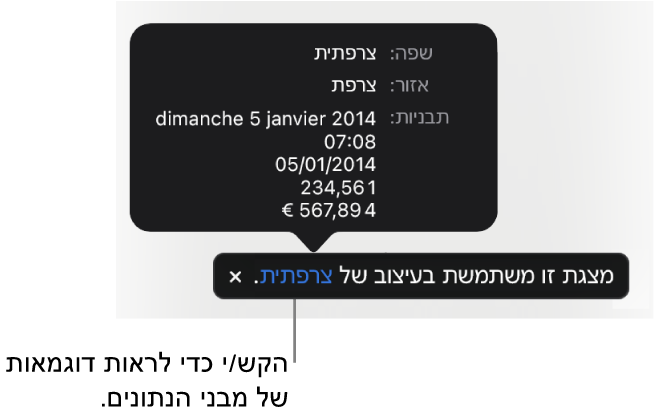 ההודעה לגבי הגדרת השפה והעיצוב השונים, עם דוגמאות של העיצוב בשפה זו ובאזור זה.