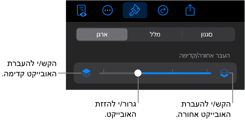 הכפתור ״העבר אחורה״, הכפתור ״העבר קדימה״ והמחוון של סידור בשכבות