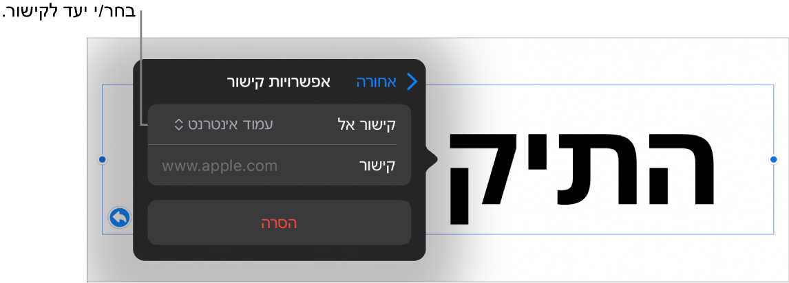 כלי הבקרה של ״אפשרויות קישור״ כאשר האפשרות ״עמוד אינטרנט״ נבחרת ובחלק התחתון מוצג הכפתור ״הסר״.