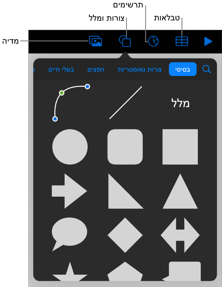 כלי הבקרה להוספת אובייקט, עם כפתורים בחלק העליון לבחירת טבלאות, תרשימים, צורות (כולל קווים ותיבות מלל) ומדיה.