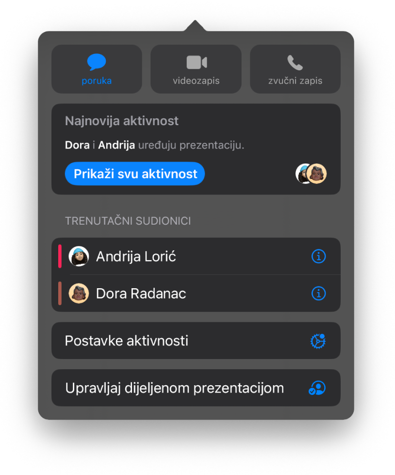 Izbornik suradnje prikazuje imena ljudi koji surađuju na prezentaciji.