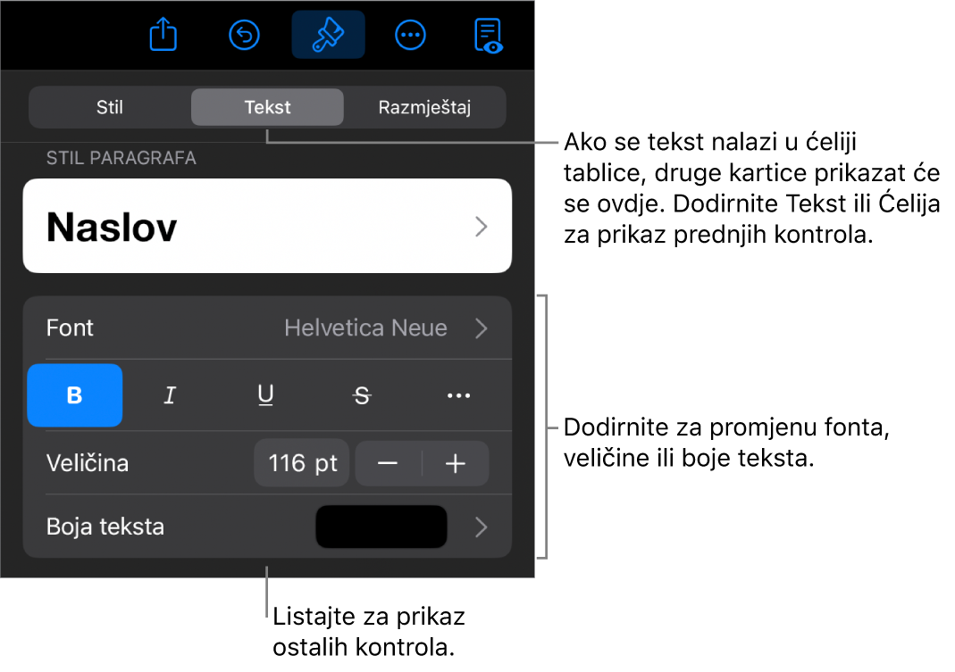 Kontrole teksta u izborniku Format za postavljanje paragrafa i stilova paragrafa, fonta, veličine i boje.
