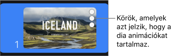 Dia három karikával a jobb felső sarokban, amelyek a dián található animációkat jelölik.