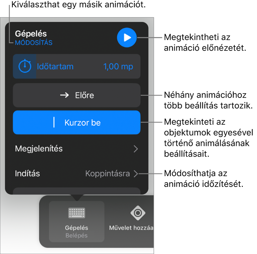Az Animációra vonatkozóan megadhatja az időtartam, a végrehajtás és az indítás időzítésének beállításait. Ha másik animációt szeretne választani koppintson a Módosítás lehetőségre, vagy az Előnézet lehetőségre koppintva megtekintheti az animáció előnézetét.