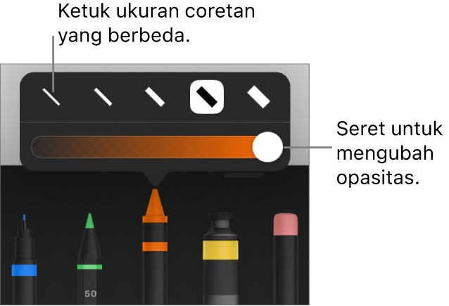 Kontrol untuk memilih ukuran coretan dan penggeser untuk menyesuaikan opasitas.