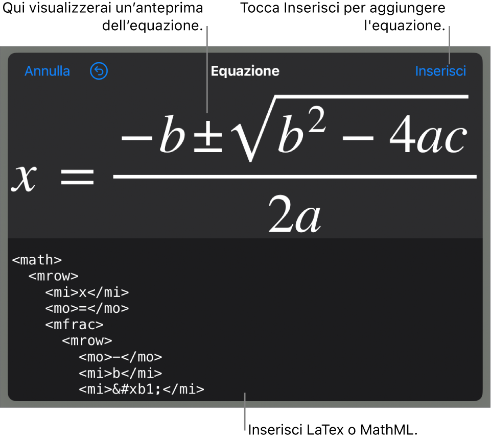 La finestra di dialogo Equazione che mostra l’equazione scritta tramite comandi MathML e un’anteprima della formula di cui sopra.