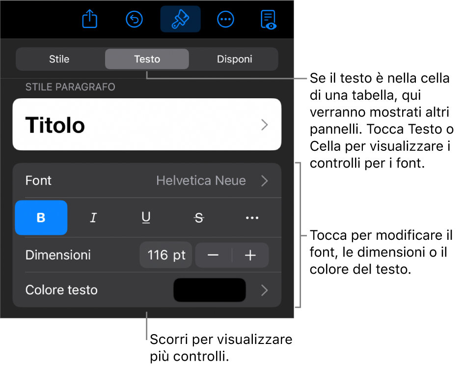 Controlli di testo nel menu Formattazione per impostare stili di carattere e paragrafo, font, dimensione e colore.