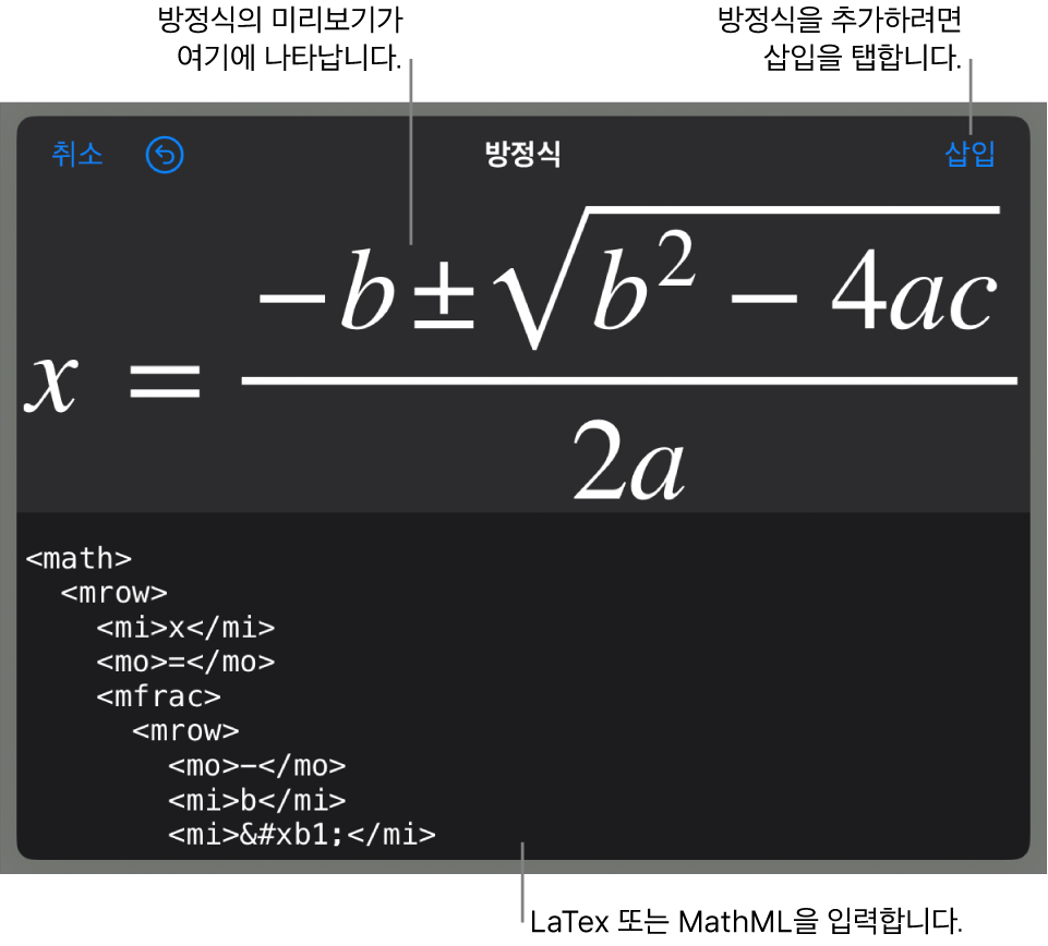 MathML 명령어를 사용하여 적은 방정식 및 그 위에 공식 미리보기를 표시하는 방정식 대화상자.