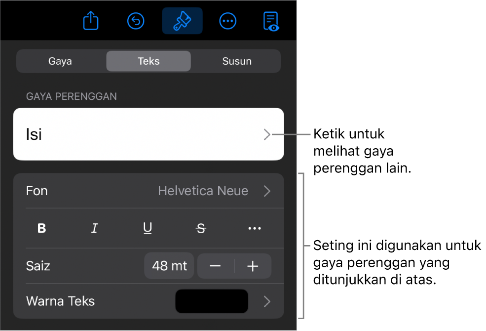 Menu Format menunjukkan kawalan teks untuk mengesetkan perenggan dan gaya, fon, saiz dan warna aksara.