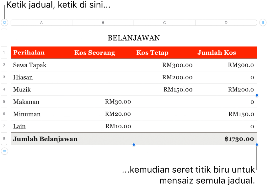 Jadual terpilih dengan titik biru untuk mensaiz semula.