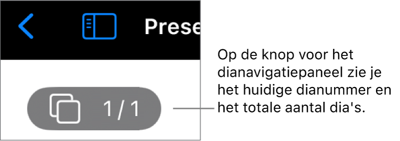 De knop voor het dianavigatiepaneel met daarop het huidige dianummer en het totale aantal dia's in de presentatie.