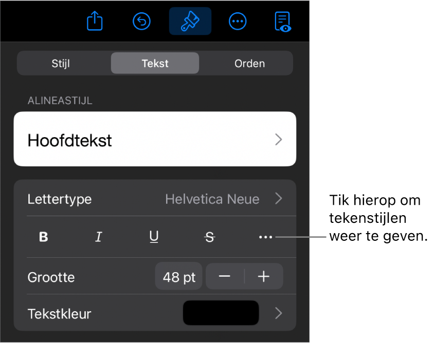 De opmaakregelaars met bovenin de alineastijlen en daaronder de lettertyperegelaars. Onder 'Lettertype' staan de knoppen voor 'Vet', 'Cursief', 'Onderstreept', 'Doorgehaald' en de knop voor meer tekstopties.