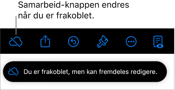 Knappene øverst på skjermen, med Samarbeid-knappen endret til en sky med en diagonal linje gjennom. Et varsel på skjermen sier «Du er frakoblet, men kan fremdeles redigere.»