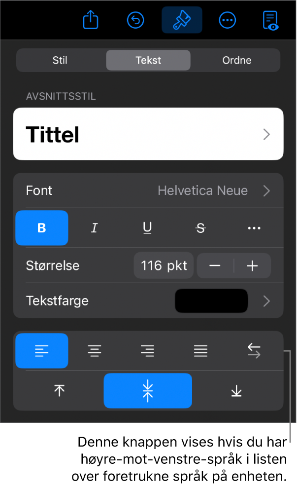 Tekstkontroller i Format-menyen med en bildeforklaring for Venstre til høyre-knappen.