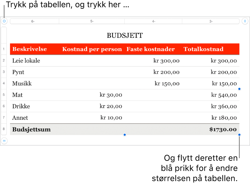 En markert tabell med blå prikker for å endre størrelsen.