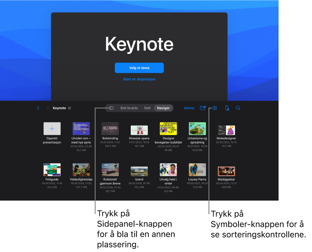 Dokumenthåndtereren med knapper for å velge et tema og starte en presentasjon fra en disposisjon på øvre halvdel av skjermen, og dokumentnavigeringen med delte presentasjoner nederst.