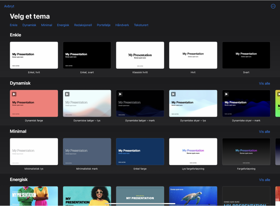 Temavelgeren med en rad med kategorier langs toppen som du kan trykke på for å filtrere alternativene. Under er miniatyrer av forhåndsdesignede temaer som er plassert i rader etter kategori.