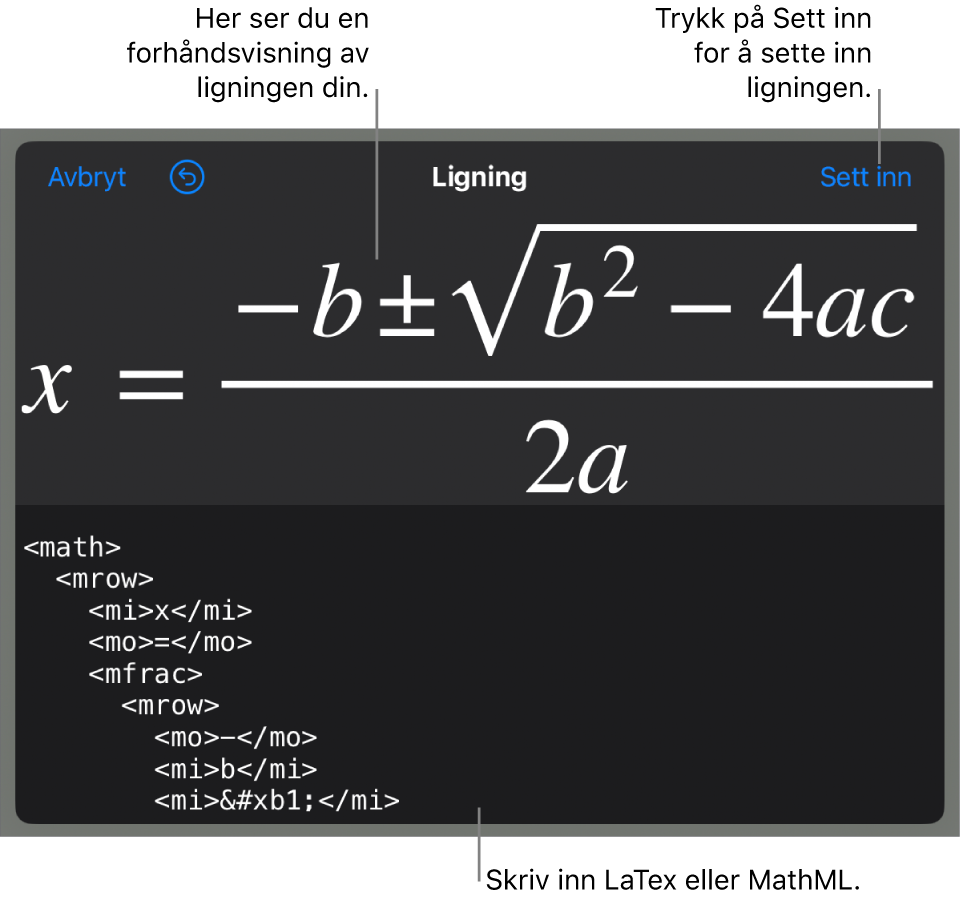 Ligning-dialogruten, som viser en formel skrevet med MathML-kommandoer, og en forhåndsvisning av formelen ovenfor.