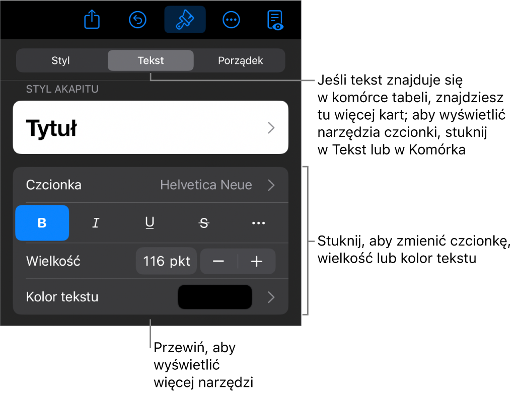 Narzędzia tekstów w menu Format służą do ustawiania stylów akapitu i znaków oraz czcionek ich wielkości i koloru.