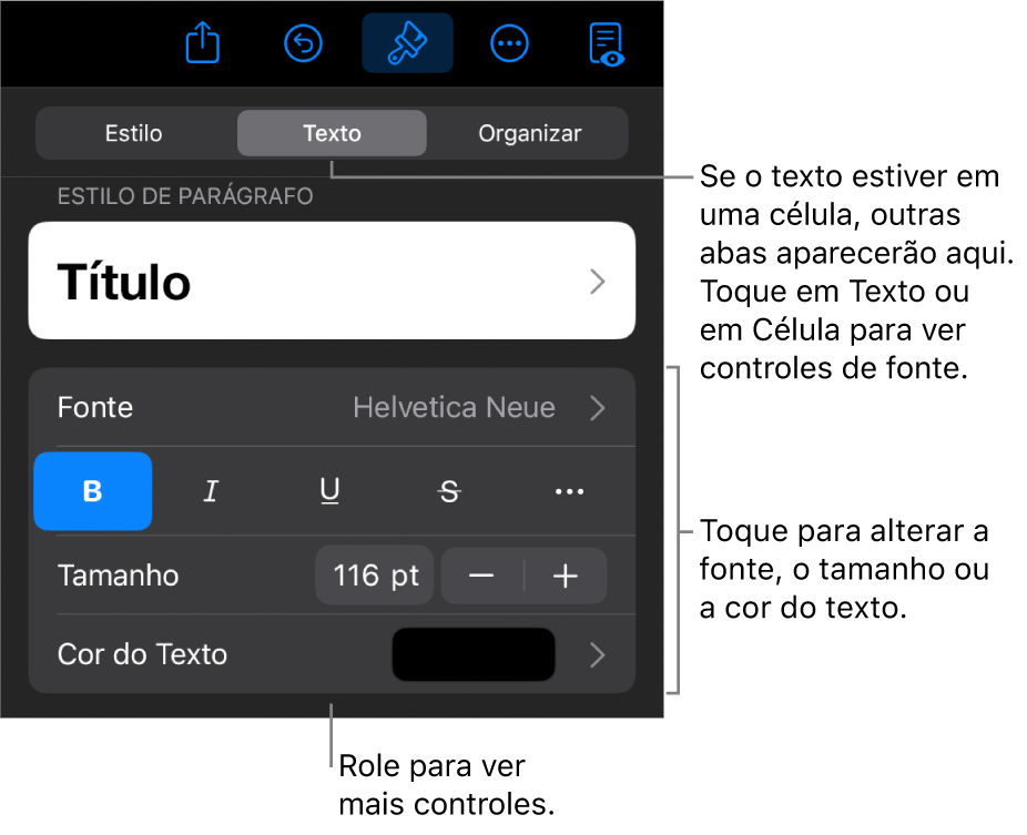 Controles de texto no menu Formatar para definir estilo, fonte, tamanho e cor de caractere e parágrafo.