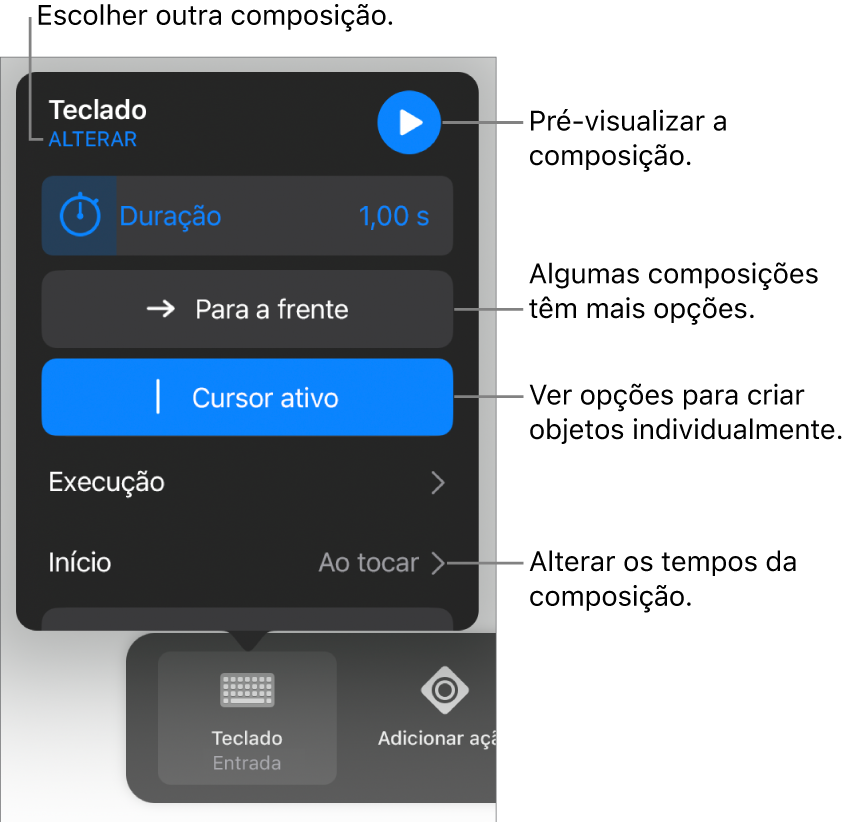 As opções de composição incluem “Duração”, “Execução” e “Temporização de início”. Toque em “Alterar” para escolher uma composição diferente ou toque em “Pré-visualizar” para pré-visualizar a composição.