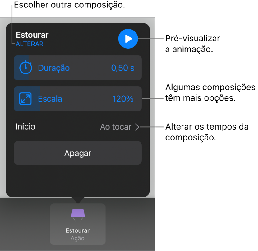 As opções de composição incluem “Duração” e “Temporização de início”. Toque em “Alterar” para escolher uma composição diferente ou toque em “Pré-visualizar” para pré-visualizar a composição.