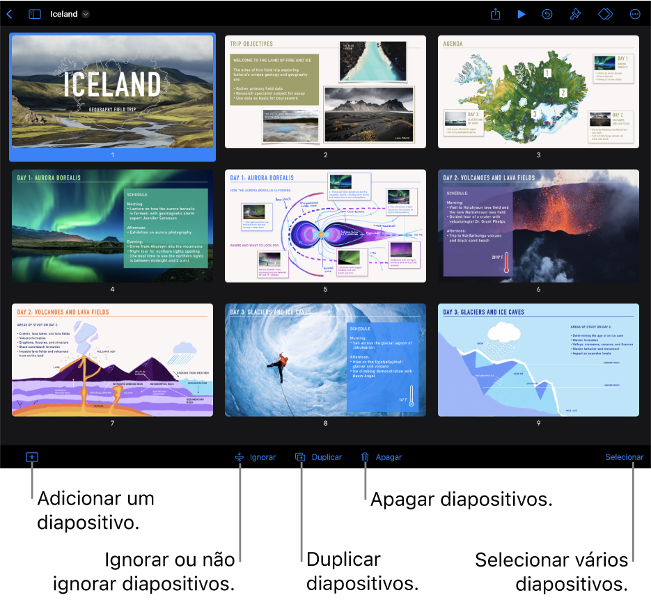 Vista de mesa luminosa com botões na parte inferior do ecrã para adicionar, ignorar, duplicar e apagar diapositivos, e para selecionar vários diapositivos.