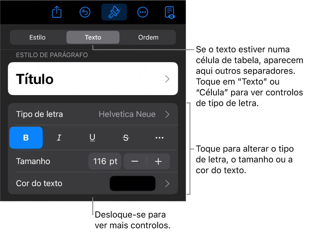 Controlos de texto no menu "Formatação” para definir estilos de parágrafo e carácter, tipo de letra, tamanho e cor.