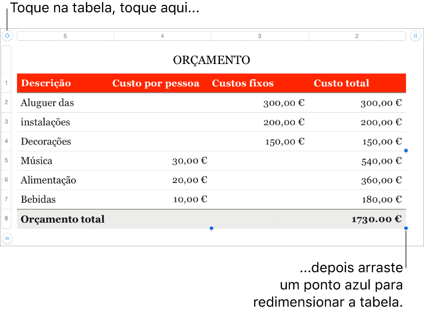 Uma tabela selecionada, com os pontos azuis para redimensionamento.