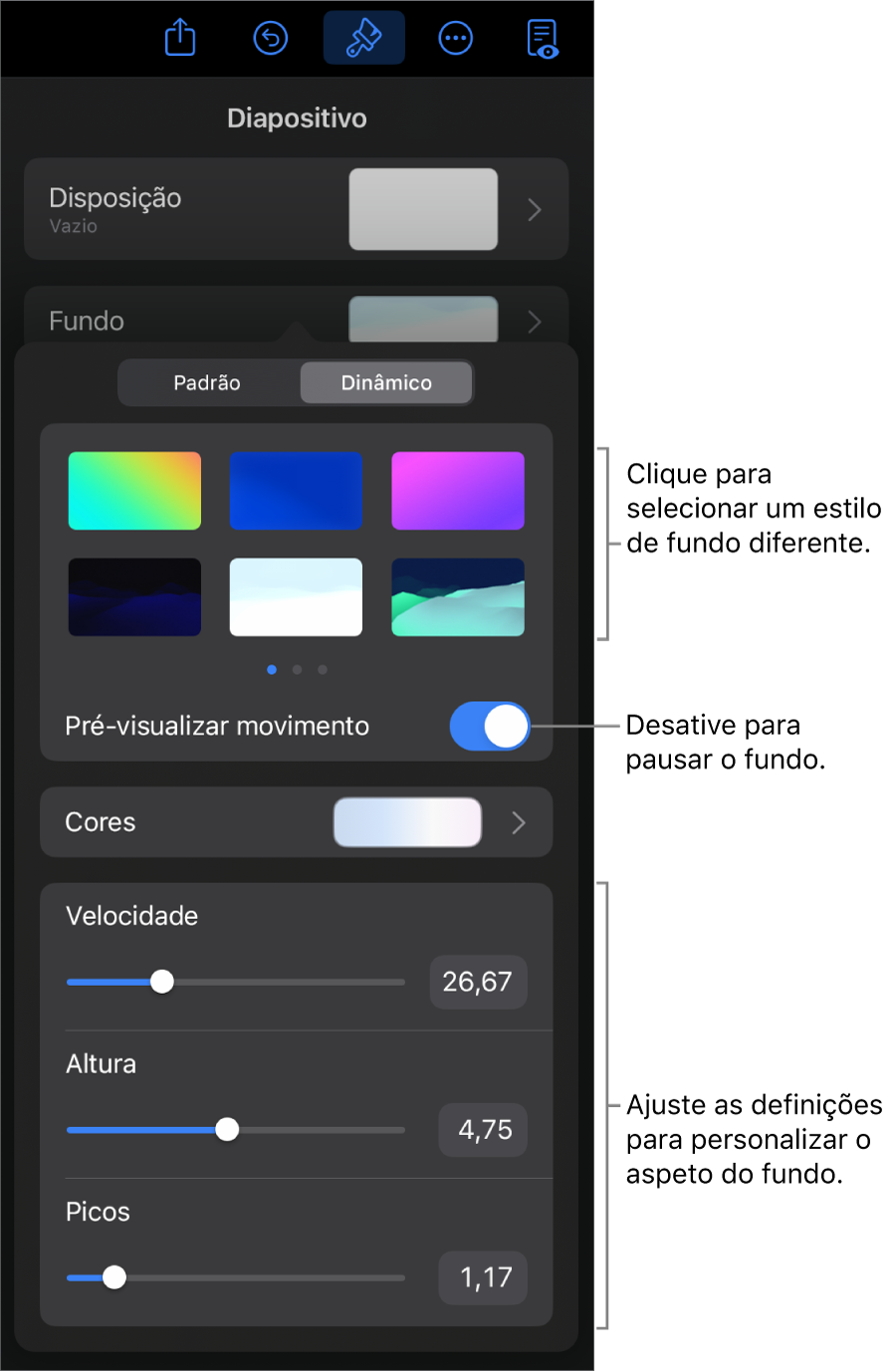 Os controlos de fundo dinâmico com as miniaturas do estilo de fundo, o botão “Pré‑visualizar movimento” e os controlos de personalização apresentados.