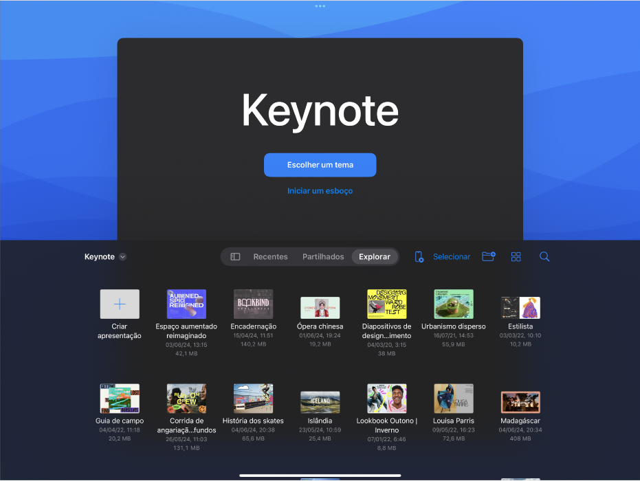 O gestor de documentos do Keynote com botões para criar um diaporama de um tema ou de um esboço na parte superior do ecrã e os controlos para abrir apresentações guardadas na parte inferior.
