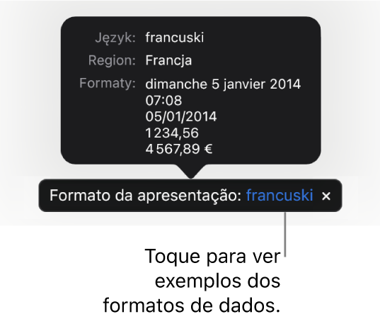 A notificação da definição diferente do idioma e região, apresentando exemplos da formatação nesse idioma e região.