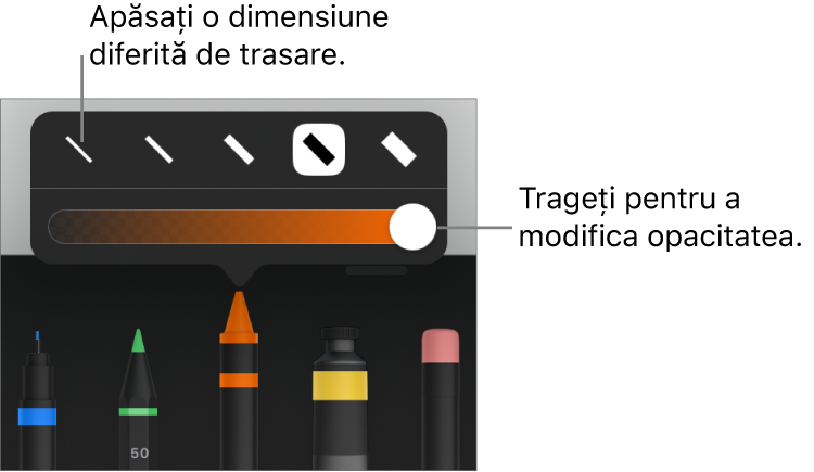 Comenzile pentru alegerea unei dimensiuni de trasare și un glisor pentru ajustarea opacității.