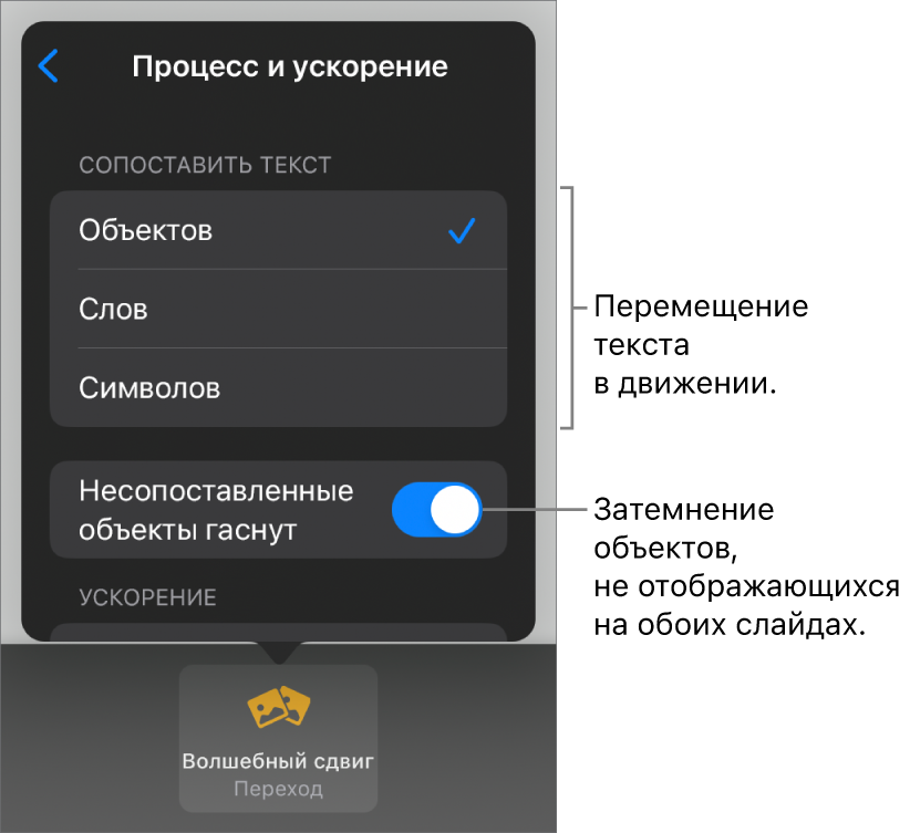 Настройки появления и ускорения перехода «Волшебный сдвиг» в панели «Ускорение».