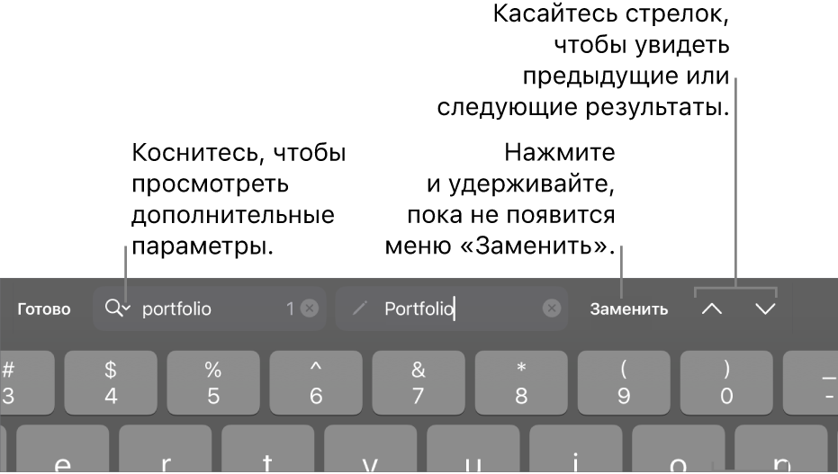 Элементы управления параметром «Найти и заменить» над клавиатурой. Выноски указывают на кнопки «Параметры поиска», «Заменить», «Перейти вверх» и «Перейти вниз».