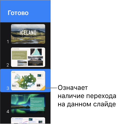 Желтый треугольник на слайде указывает, что слайд содержит переход.