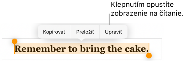 Je označená veta a nad ňou sa zobrazí kontextové menu s tlačidlami Kopírovať a Upraviť.