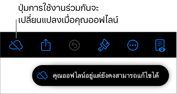 ปุ่มต่างๆ ด้านบนสุดของหน้าจอ ซึ่งมีปุ่มการใช้งานร่วมกันที่เปลี่ยนเป็นรูปเมฆที่มีเส้นทแยงมุมทะลุผ่าน การเตือนบนหน้าจอแจ้งว่า “คุณออฟไลน์อยู่แต่ยังคงสามารถแก้ไขได้”