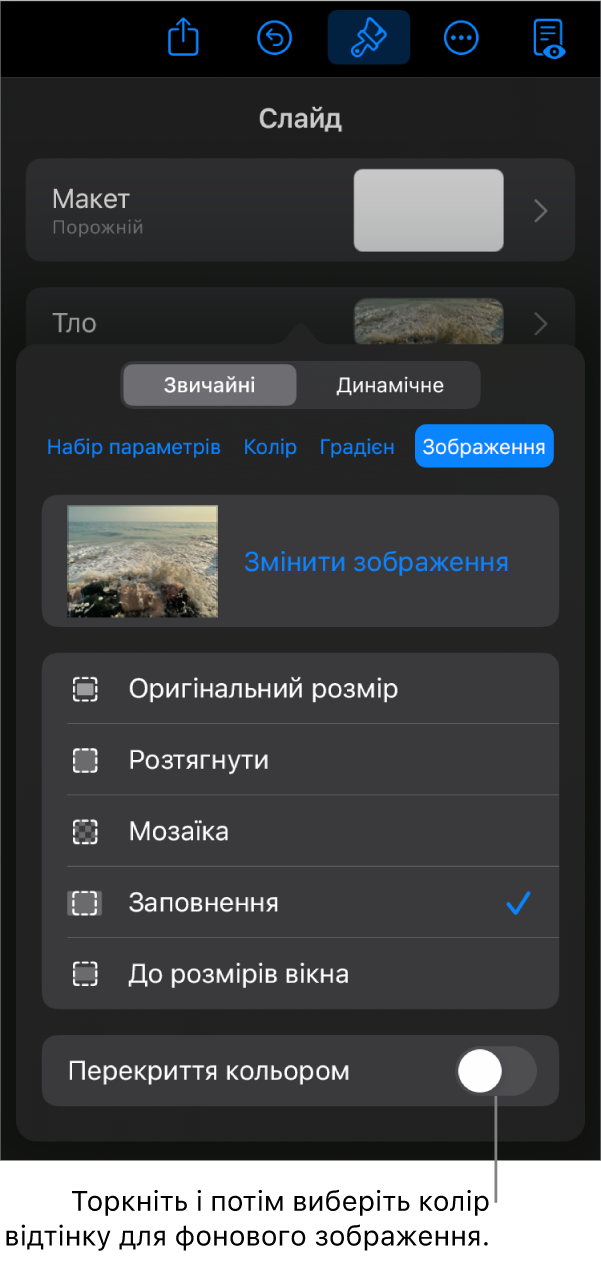 Елементи керування тлом: тлом слайда вибрано зображення, а внизу показано елемент «Перекриття кольором».