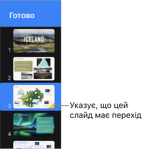 Жовтий трикутник на слайді означає, що цей слайд має перехід.