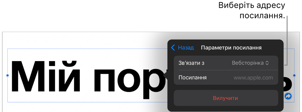 Елементи керування параметрами посилань із вибраною вебсторінкою та кнопкою «Вилучити» внизу.