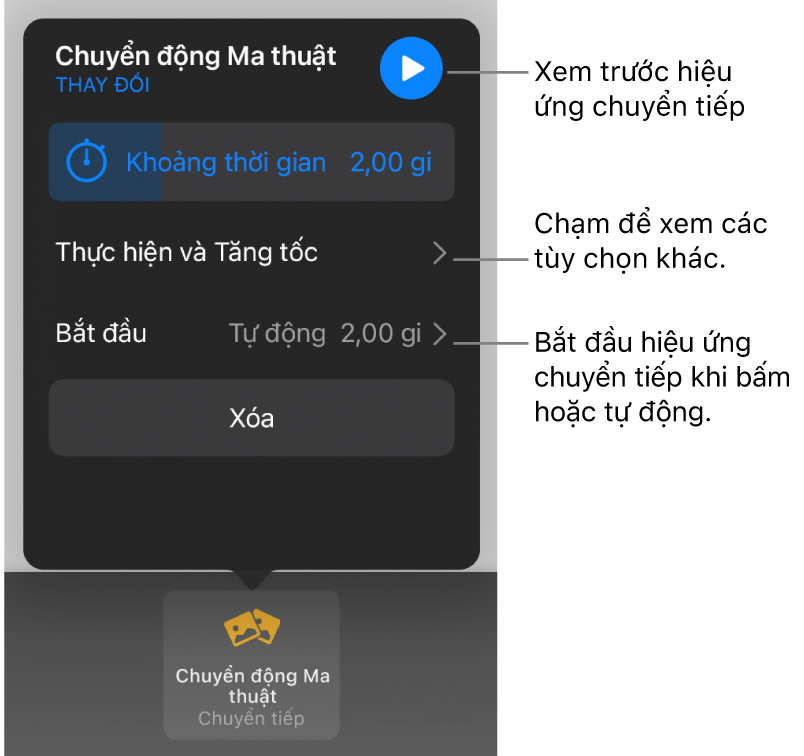 Các điều khiển Chuyển động ma thuật trong khung Chuyển tiếp.